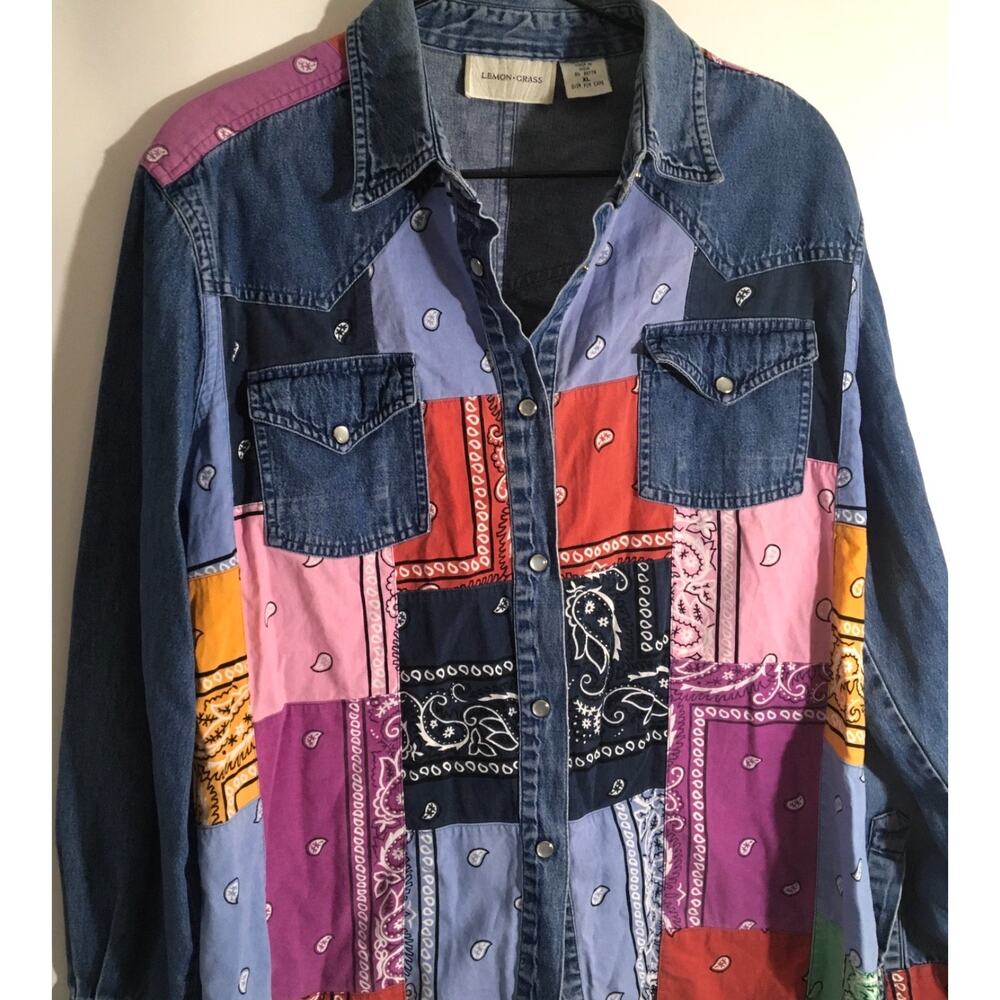Patchwork Vintage Women's Sz XL Button up Bandana Cowgirl Multicolor Denim Shirt - Picture 4 of 5